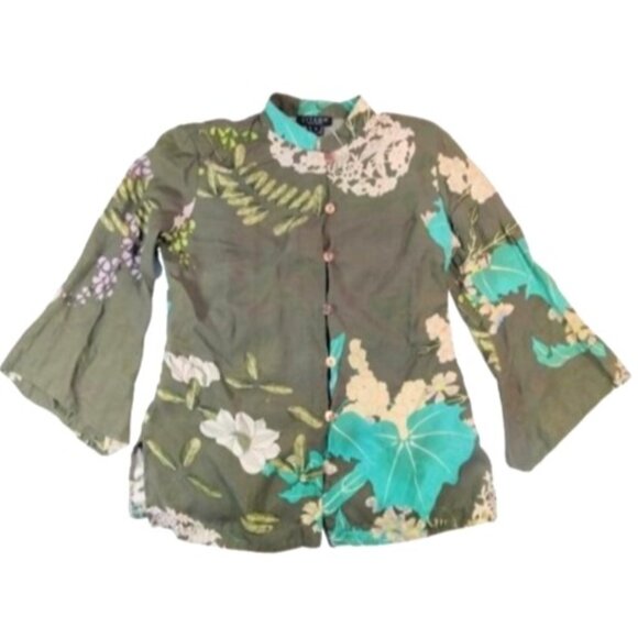 Citron Santa Monica Silk Floral Blouse Mandarin Asian Oriental Art To Wear Small - Picture 1 of 7